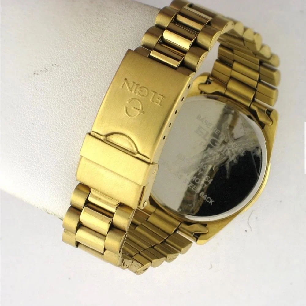 Elgin Gold Tone FG147N Wrist Watch Men Crystal Date - Picture 2 of 6
